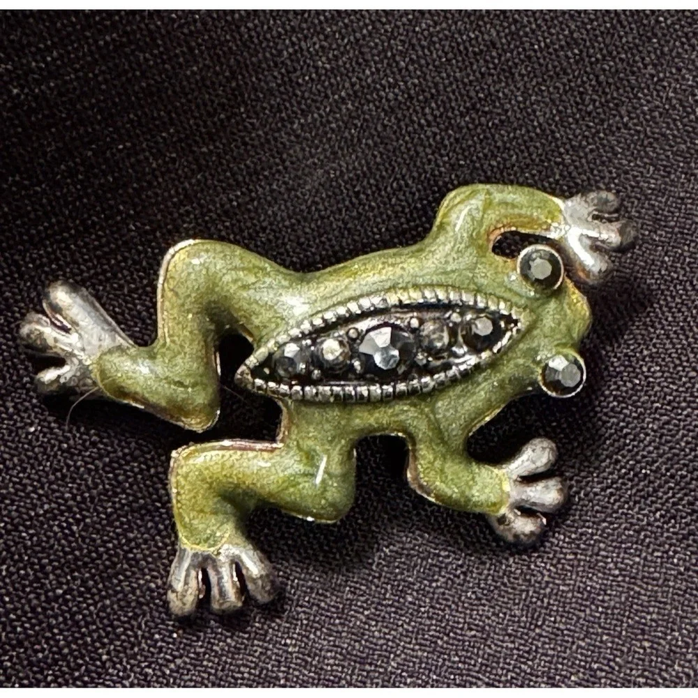Vintage Style Green Enamel Frog Brooch‎ Black Rhinestone Silver Tone Animal Pin
